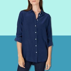 Everlane The Clean Silk Relaxed Shirt 100% Silk Blue Button Down Point Size 14